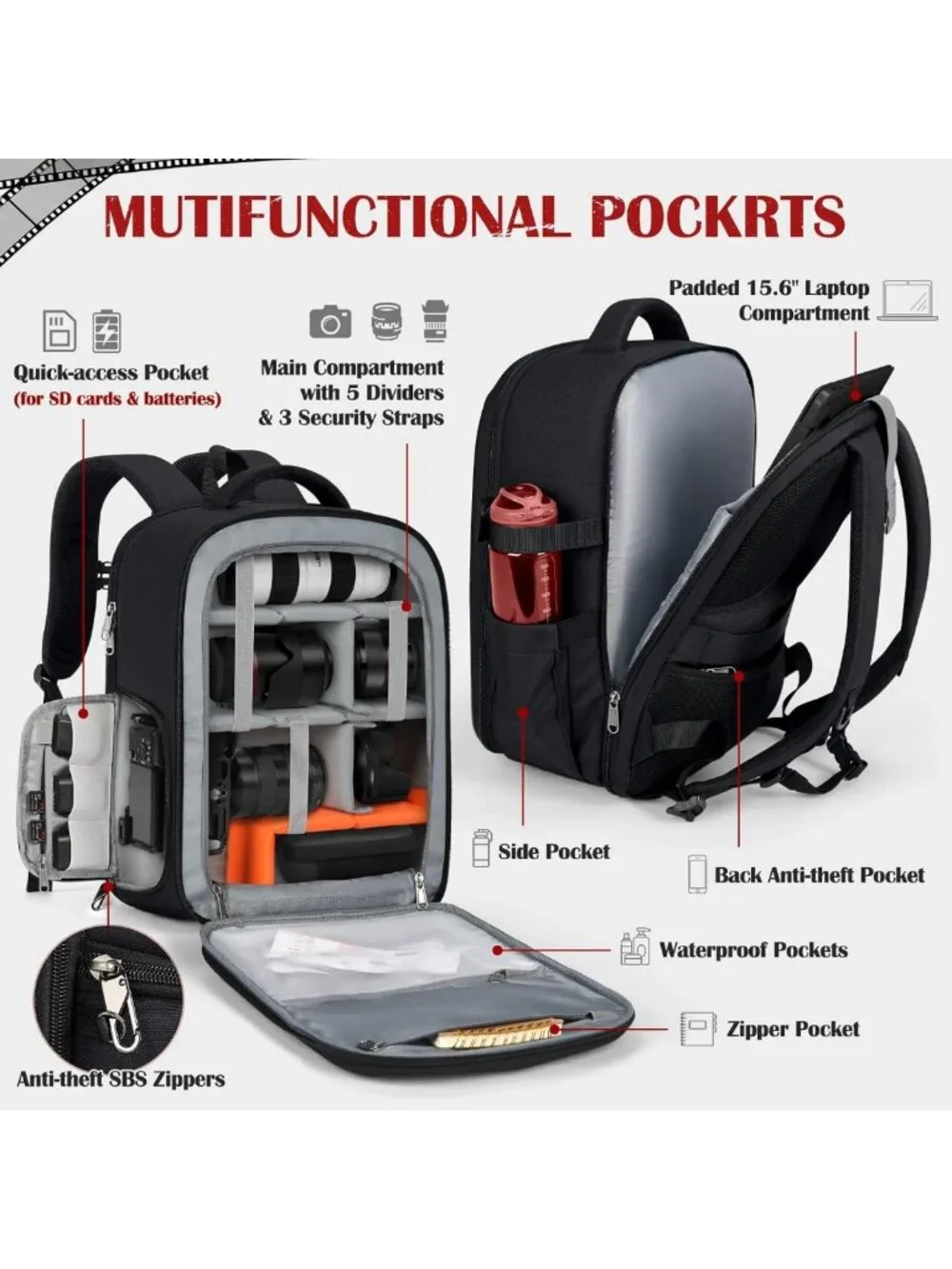 Waterproof DSLR Camera Backpack with Lens Pouch & 15.6